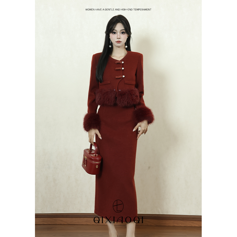 七小七Sicily【红珐琅】红色轻奢小香风外套半身裙绵羊毛套装两件套