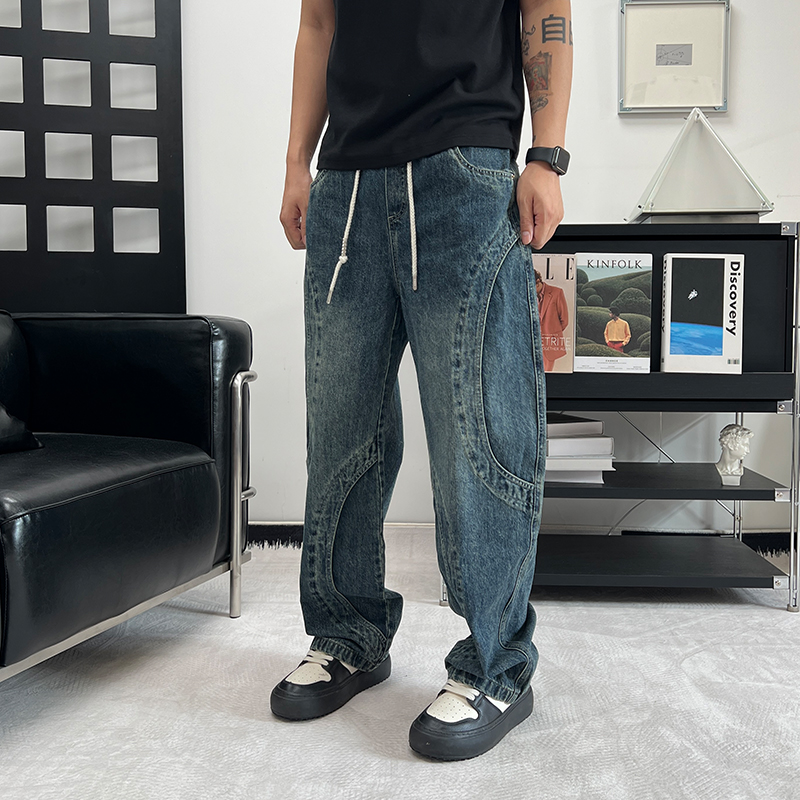 美式拼接裁剪阔腿老爹裤男士韩版宽松2025秋季新款休闲直筒牛仔裤