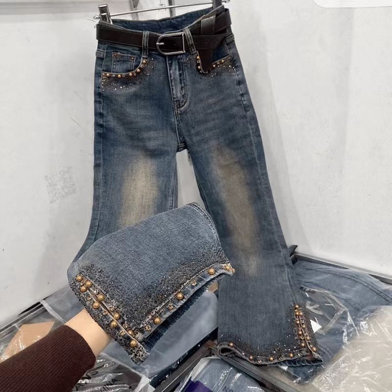 2025秋季新款重工镶钻开叉牛仔微喇裤大码女高腰显瘦百搭喇叭裤