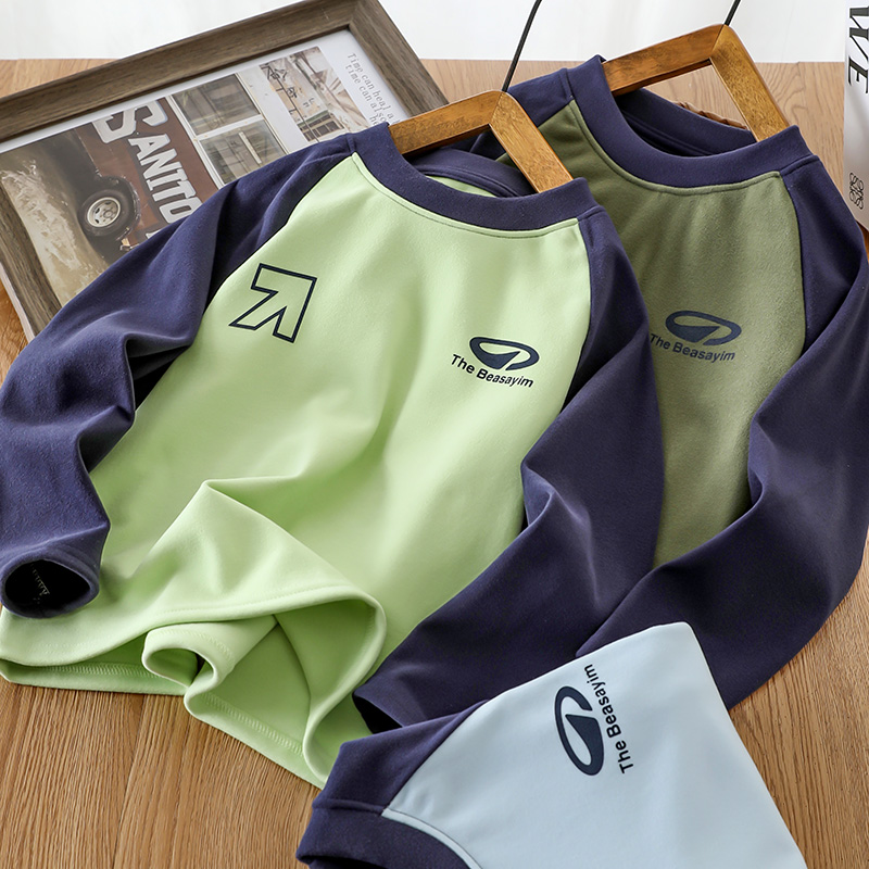 2025新款男童打底衫春秋冬季中大童男孩德绒儿童休闲T恤拼色长袖