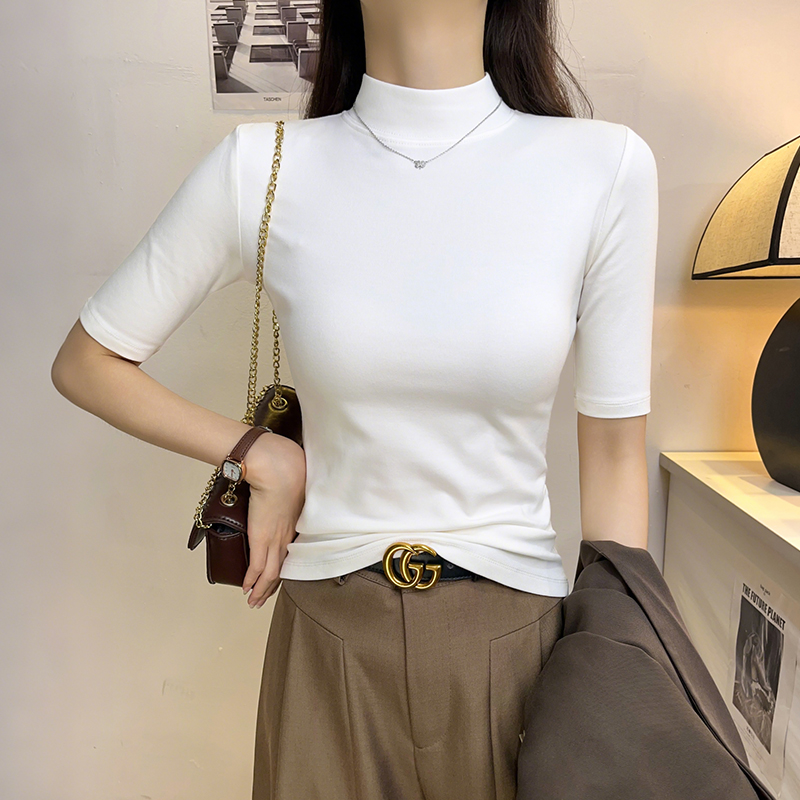 半高领中袖打底衫磨毛T恤女秋冬季2025新款紧身显瘦洋气上衣女装