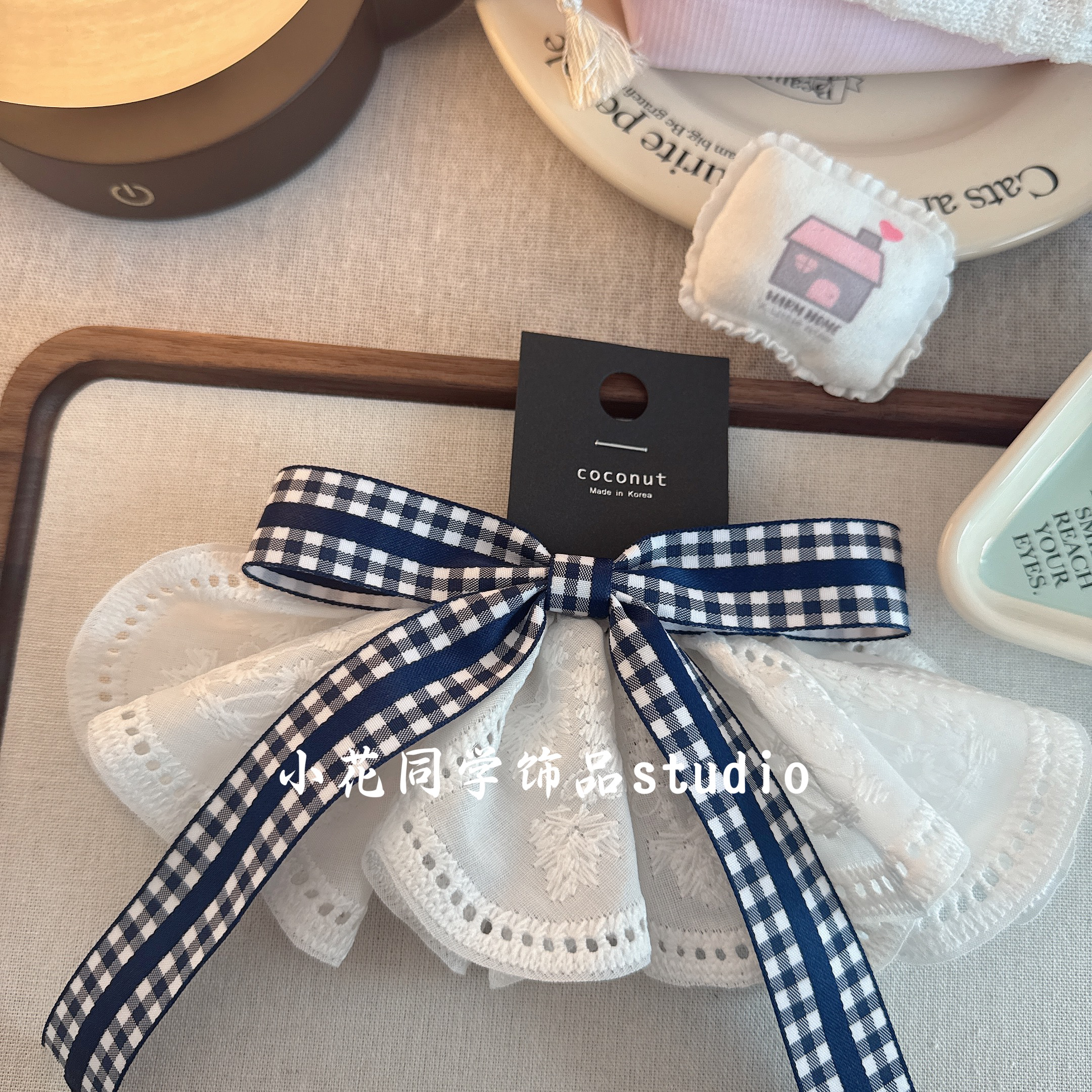 午茶时光 韩国发饰2025新款白色藏青色格子蝴蝶结蕾丝发夹弹簧夹