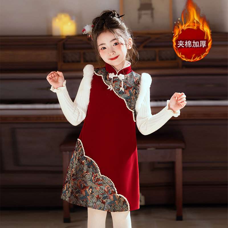 女童旗袍裙子秋冬季红色喜庆过年服中国风拜年服儿童新年衣服礼服