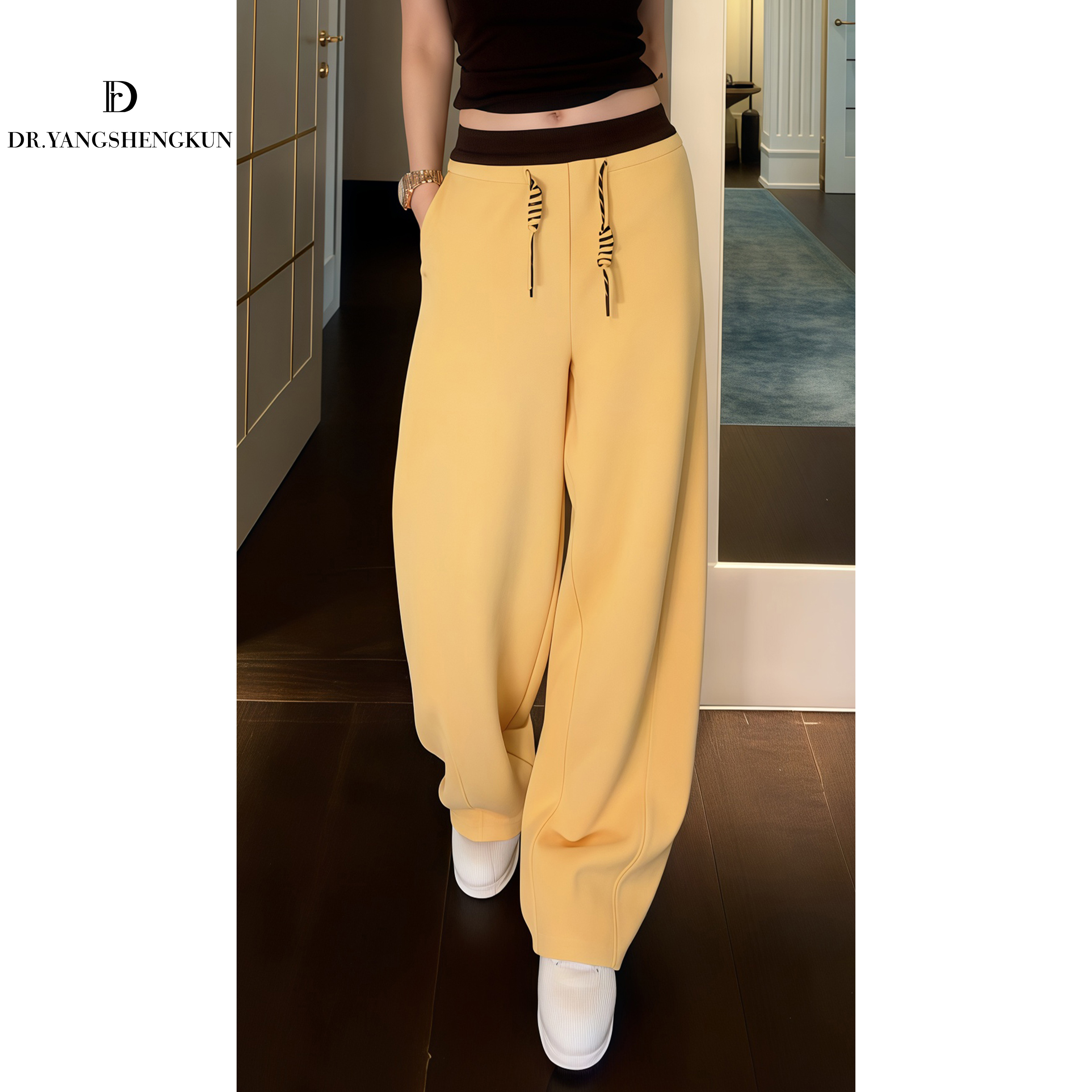 杨圣坤2025冬季新品蛋白羊绒混纺撞色腰头抽绳弯刀休闲裤S8251046