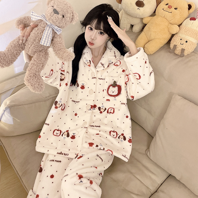 秋冬季2025新款珊瑚绒睡衣女加厚加绒可爱卡通保暖冬天家居服套装