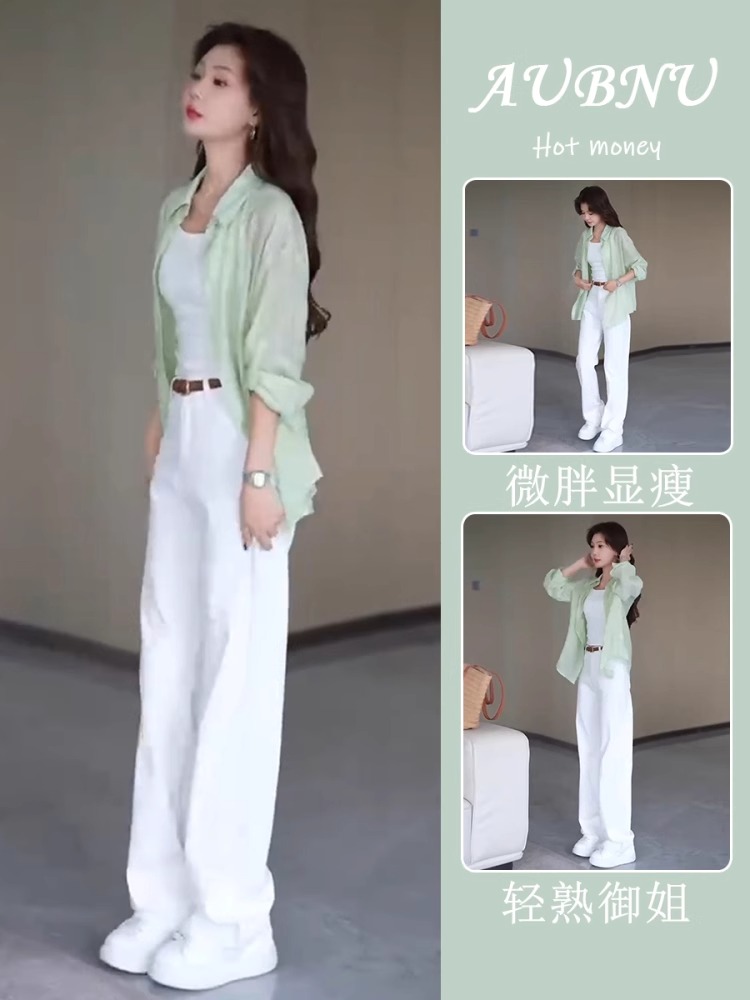 夏季气质茶系一整套韩版宽松简约显瘦薄款绿色防晒衬衫休闲裤套装