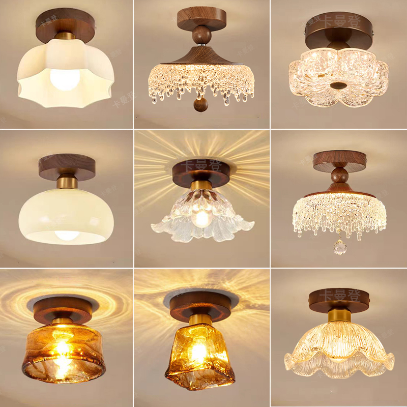 侘寂风走廊阳台灯卧室中古吸顶灯复古玄关灯入户胡桃木色过道灯具