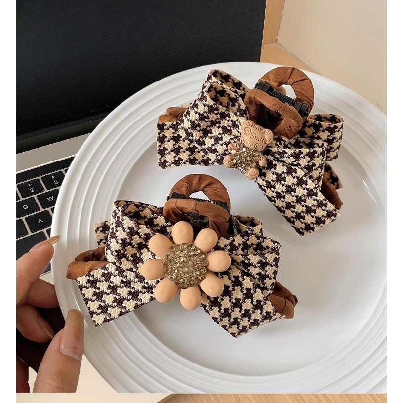 双面千鸟格蝴蝶结抓夹AB面小熊太阳花鲨鱼夹韩范气质甜美大号发抓