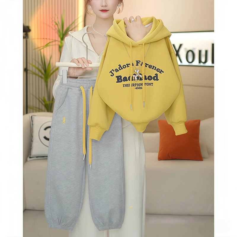 女童秋装刺绣字母卫衣运动套装2025新款春秋连帽外套上衣束脚卫裤