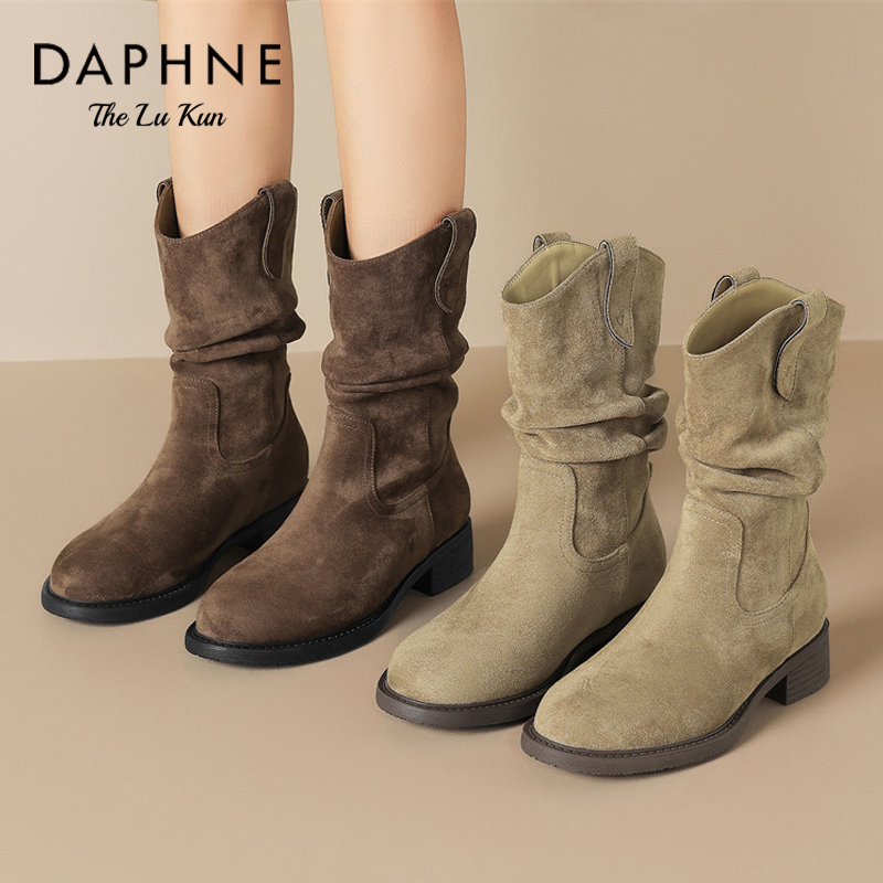 达芙妮堆堆靴女中筒靴子2025秋新款废土风西部牛仔短靴骑士马丁靴