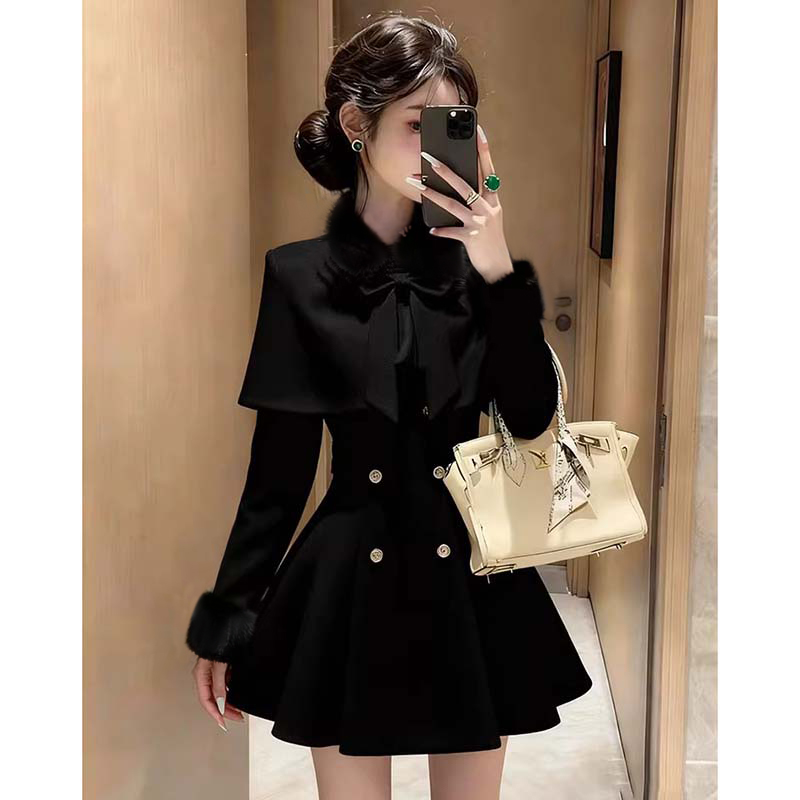 【两件套】【有里布】千金小姐小香风斗篷外套连衣裙两件套DM0173