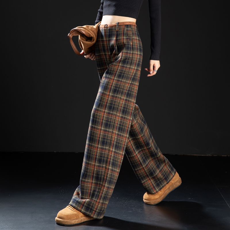咖啡色格子裤加绒毛呢裤子女休闲裤2025新款秋冬季宽松直筒阔腿裤