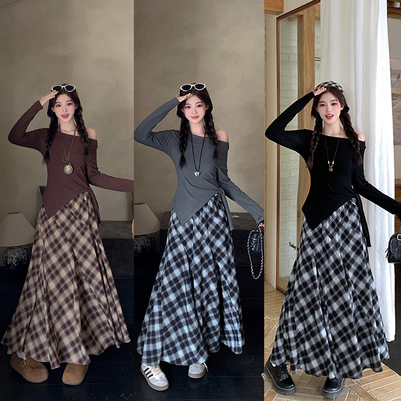 大码女时尚露肩不规则长袖格子半身裙套装A2325上衣+23035半身裙
