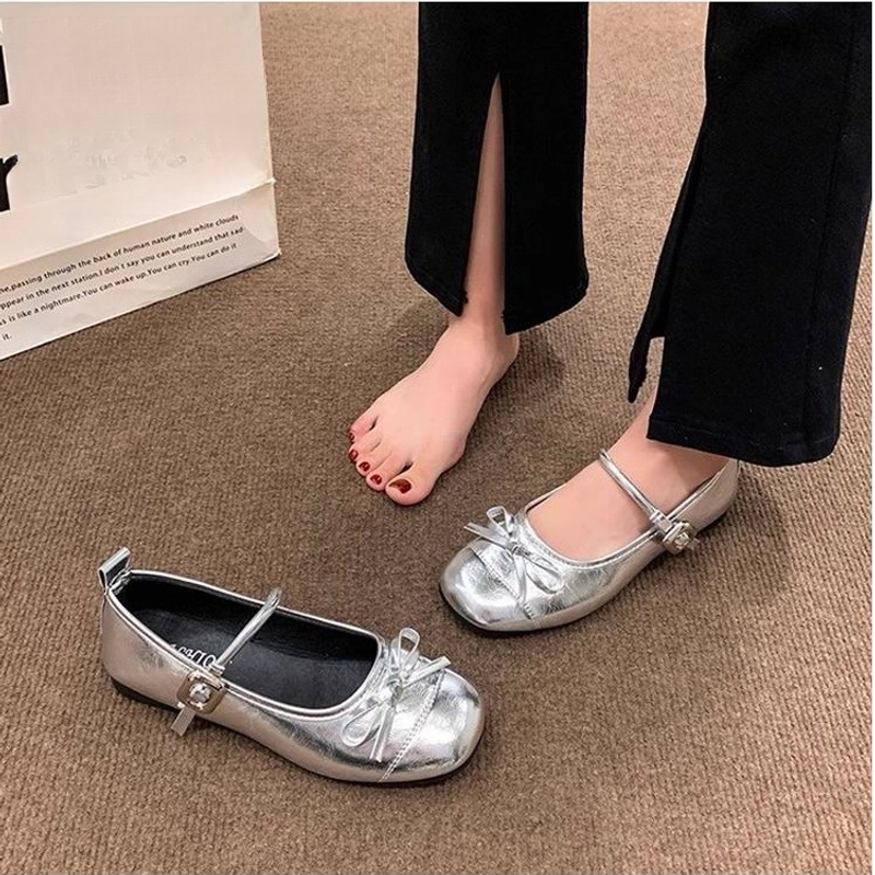 法式银色浅口蝴蝶结玛丽珍单鞋女2025春季新款平底百搭小皮鞋