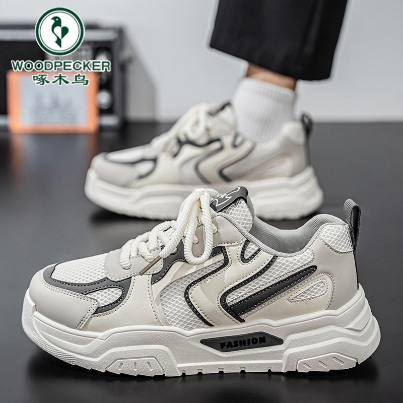 【啄木鸟】正品爆款男鞋秋季透气网面运动小白板鞋学生厚底休闲潮鞋