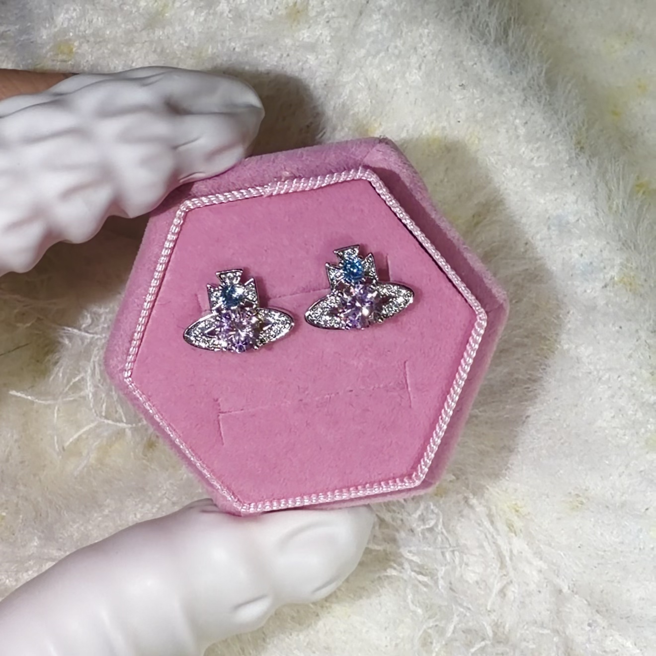 钛钢锆石耳饰 【粉蓝撞色土星】彩色时尚精致镶嵌百搭双色精美经典