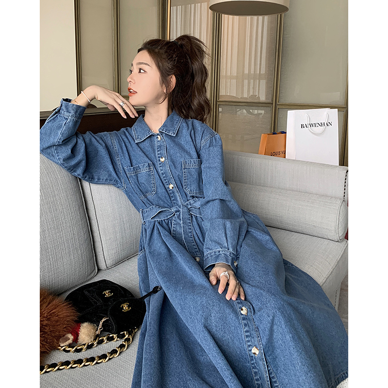 法式复古牛仔衬衫长袖连衣裙女秋装2025新款高级感收腰气质长裙子