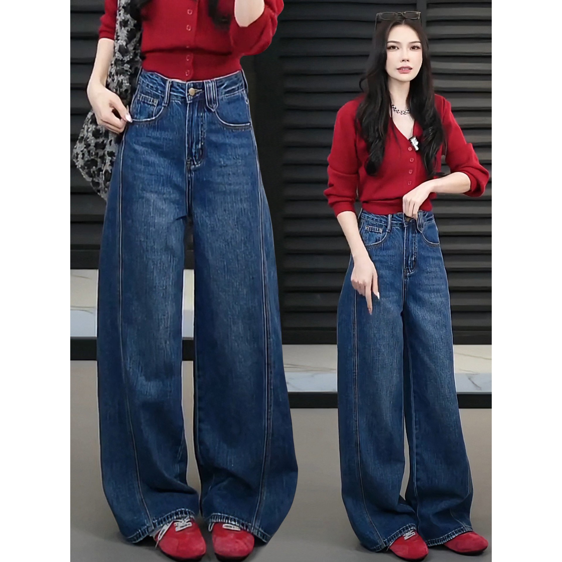 美式复古蓝牛仔阔腿裤女2025年秋冬季新款高腰宽松弯刀加绒拖地裤