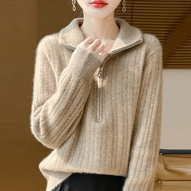 100纯羊毛衫女士秋冬新款半拉链宽松加厚羊绒打底衫时尚针织毛衣