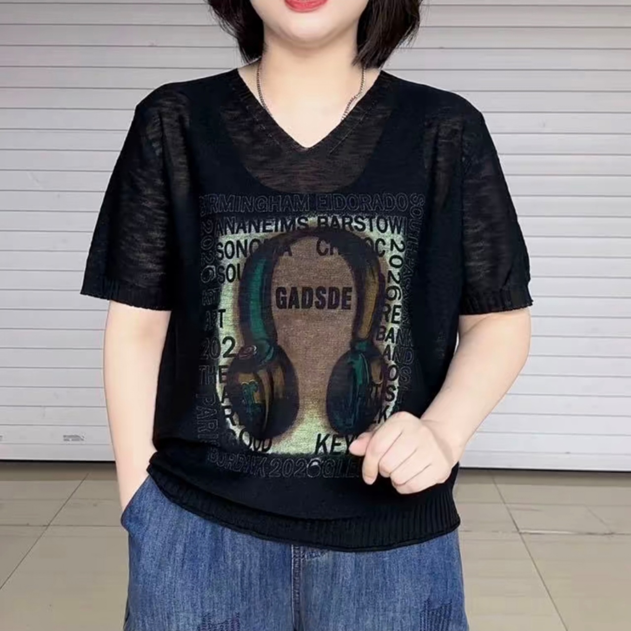 3169大码新款耳机印花时尚V领半袖