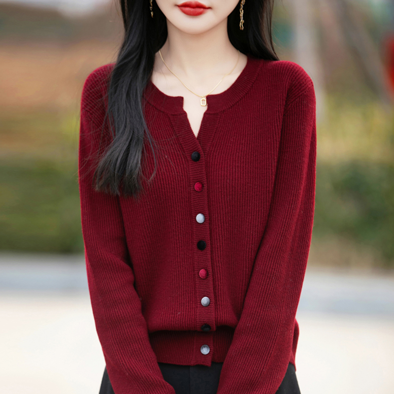 红色上衣女士外搭春秋短款毛衣开衫宽松显瘦洋气短款长袖针织外套