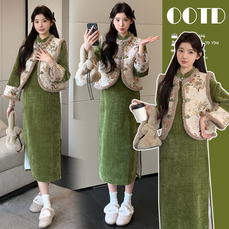 孕妇装2025秋冬新款国风改良旗袍马甲套装加绒加厚孕妇连衣裙套装