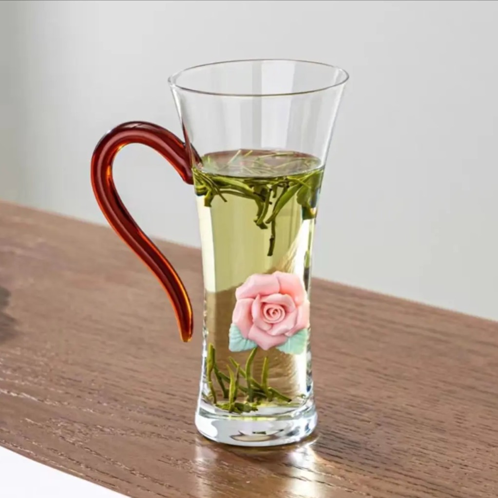 高颜值捏花玻璃杯耐高温带把绿茶杯女士专用泡茶杯茶具器具杯子