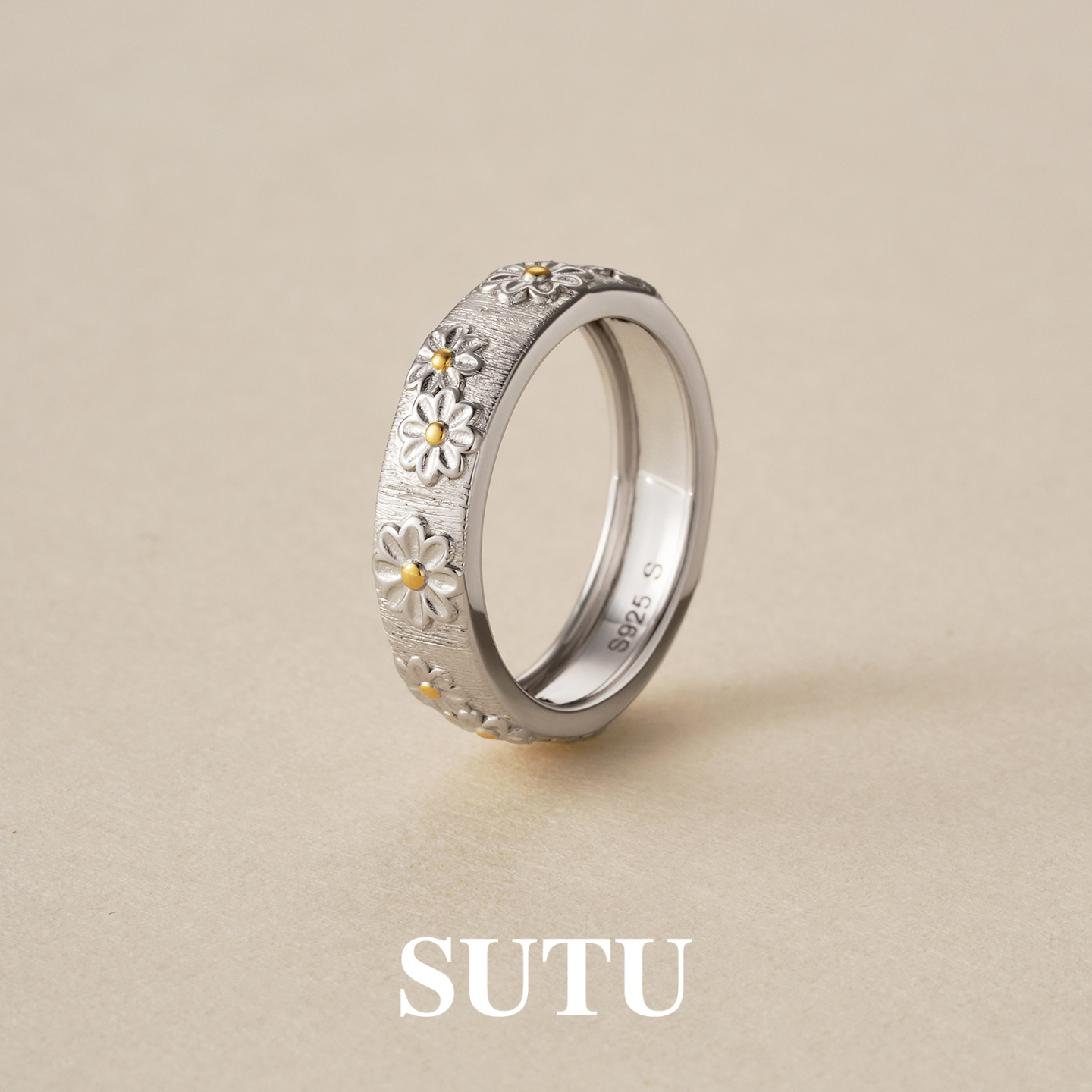 925银戒指 拉丝雏菊戒指小众设计轻奢食指戒气质高级感指环