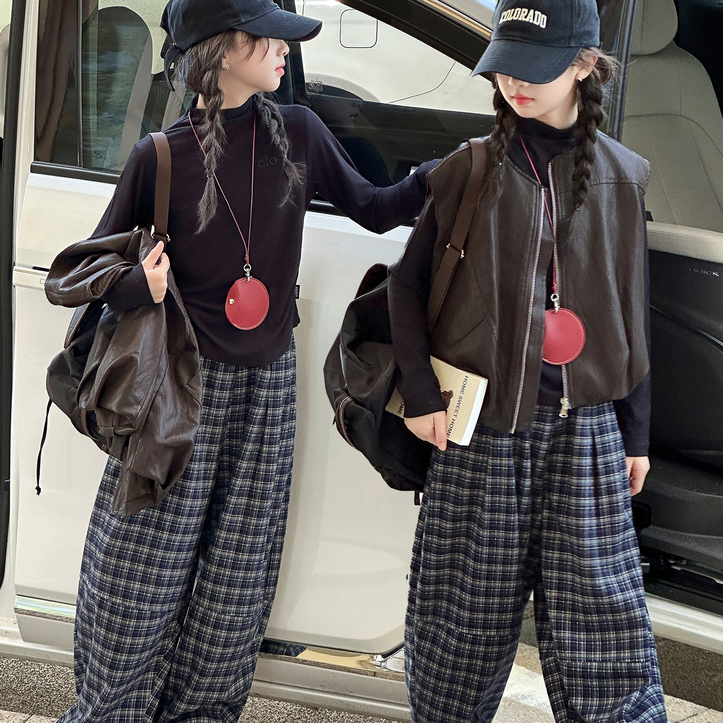 女童春秋套装2025新款女中大童秋季时尚韩系皮马甲阔腿裤三件套潮