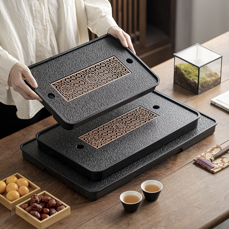 茶具茶盘家用茶托盘轻奢现代小型干泡台仿乌金石茶海长方形排水盘