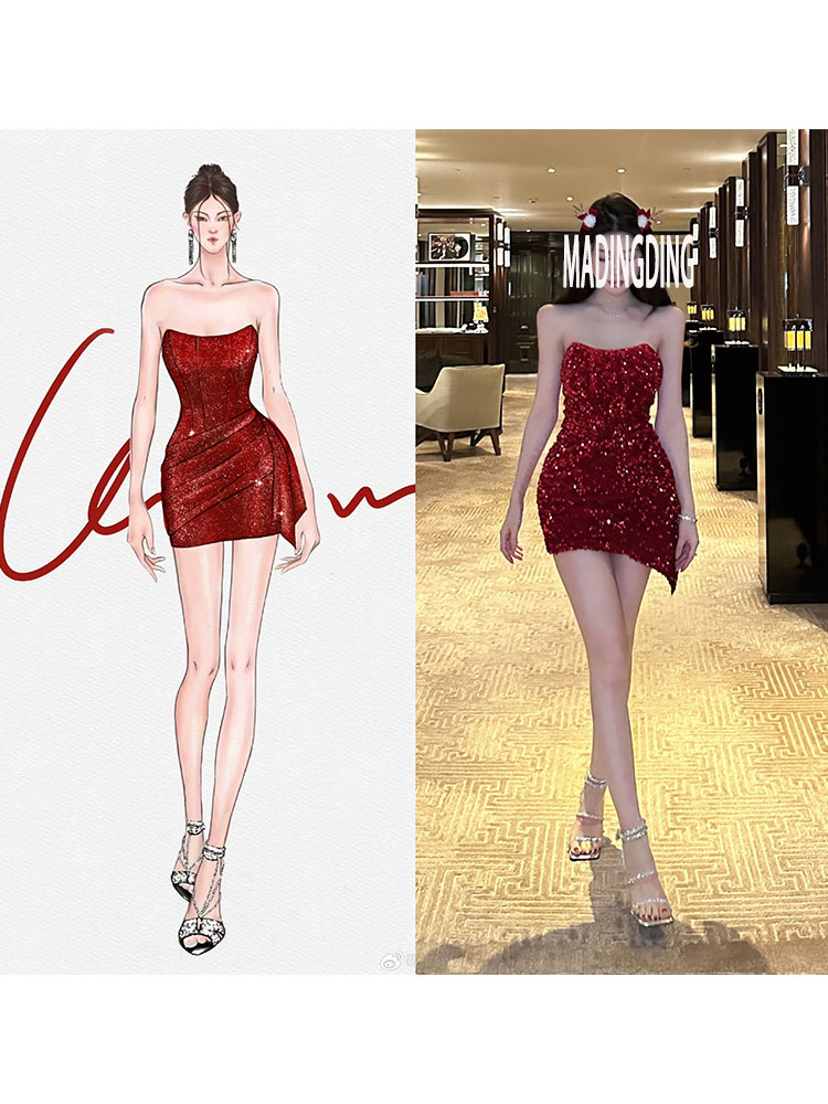 Chiiil巧儿 圣诞月 美神降临！红色亮片抹胸连衣裙收腰包臀丝绒裙
