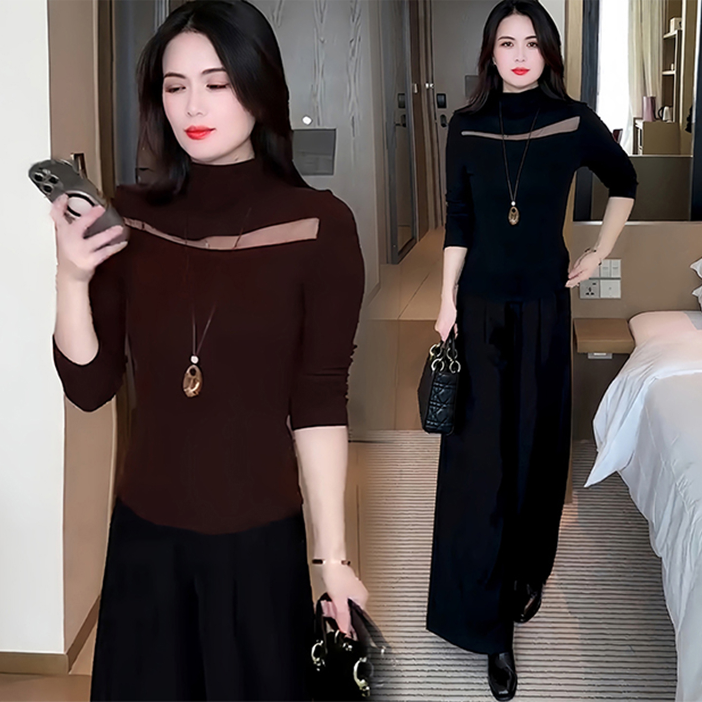 长袖T恤女士2025年春秋季新款性感网纱拼接上衣修身半高领打底衫