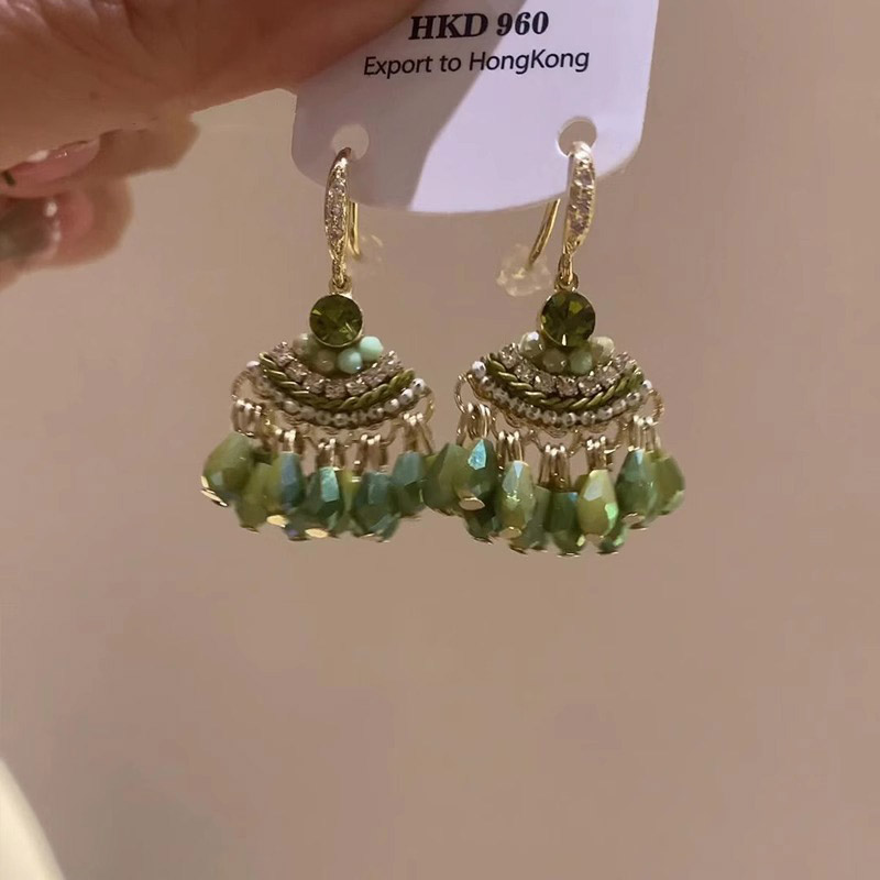 铜合金仿水晶耳饰 新中式森系绿色水滴流苏耳环女民族风小众重工