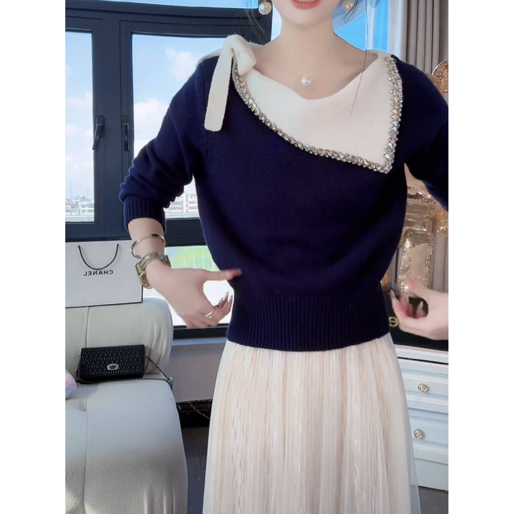 薇恩COCO时尚精致毛衣修身长袖针织套头上衣凸显轻奢感S5677