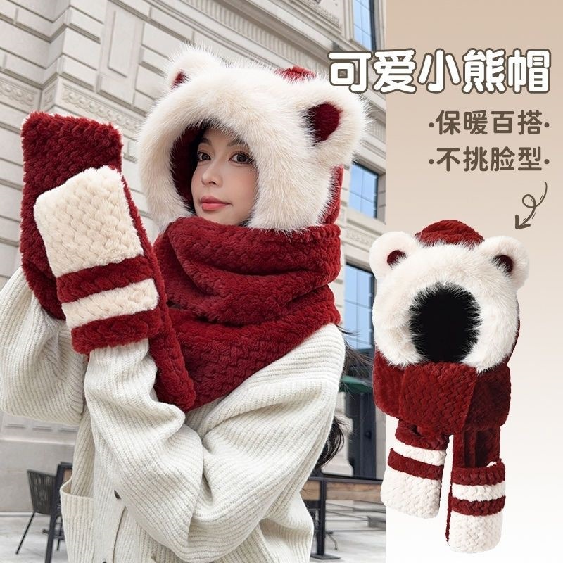可爱小熊耳朵帽子围巾手套一体防寒保暖女秋冬加厚毛绒护耳骑车帽