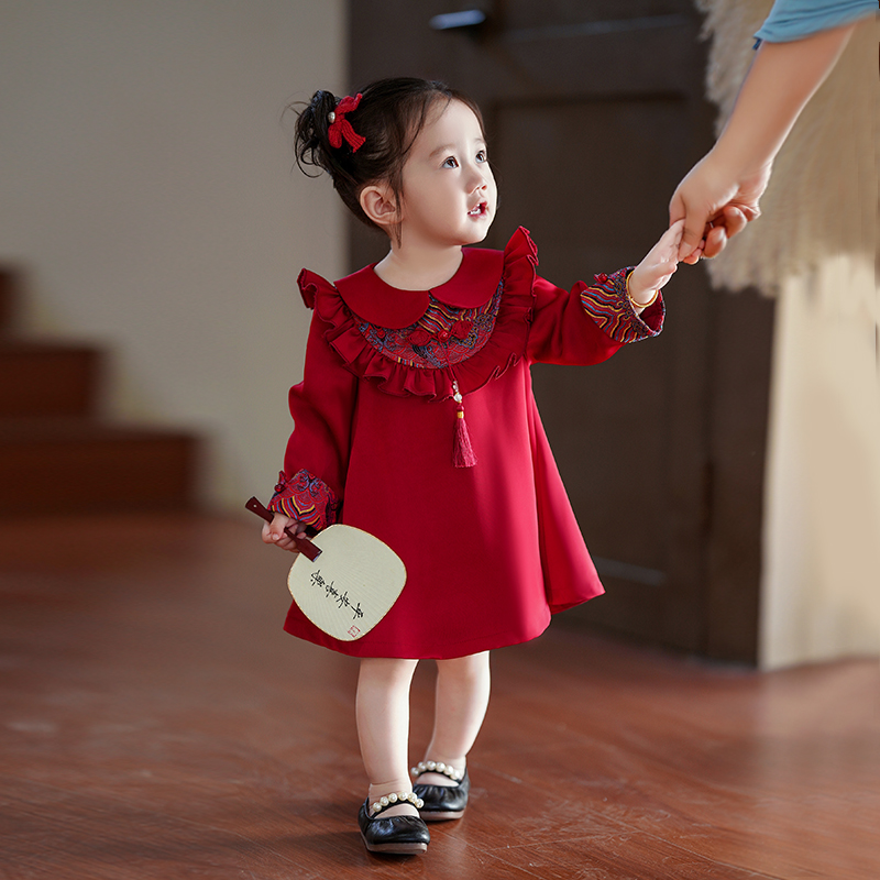 周岁女宝宝礼服2025秋冬红色中式生日宴公主裙婴幼儿抓周唐装裙子