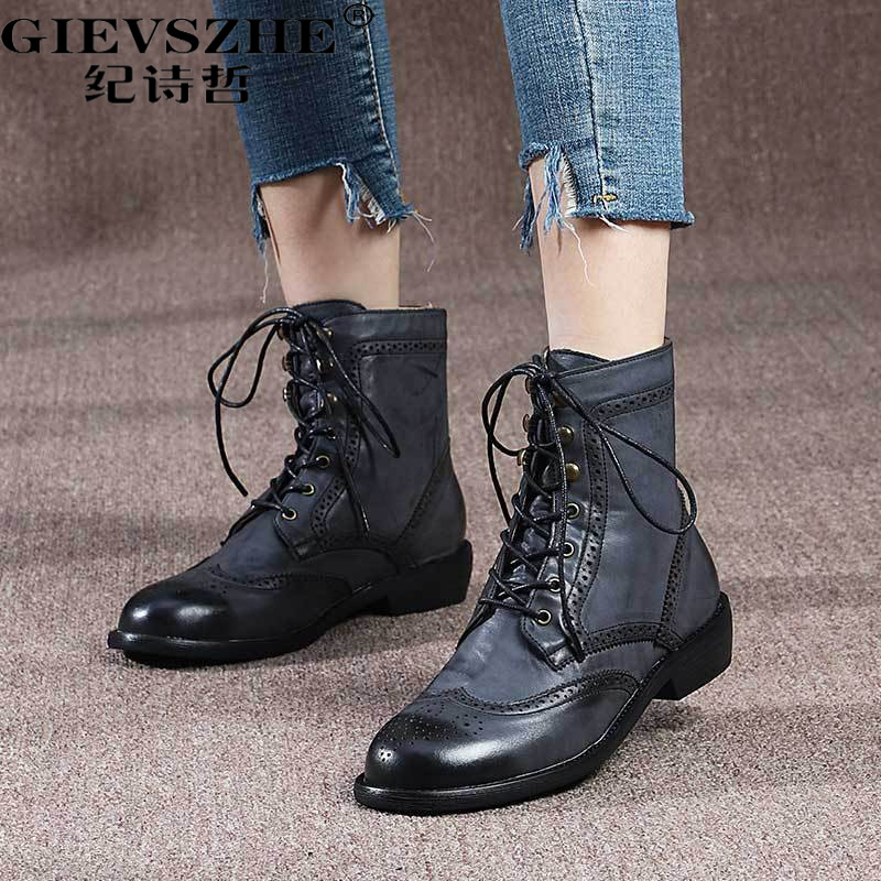 纪诗哲女靴真皮百搭马丁靴女秋冬新款时尚复古加绒英伦风短靴女款
