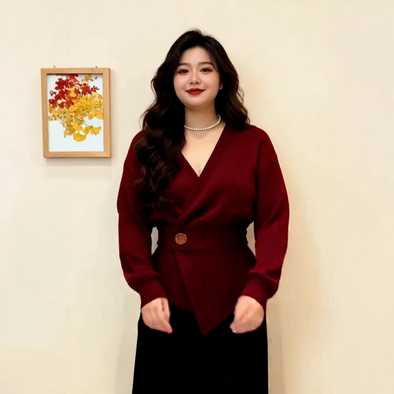 大码复古酒红色掐腰v领毛衣打底衫秋冬绝美圣诞红显白针织衫上衣