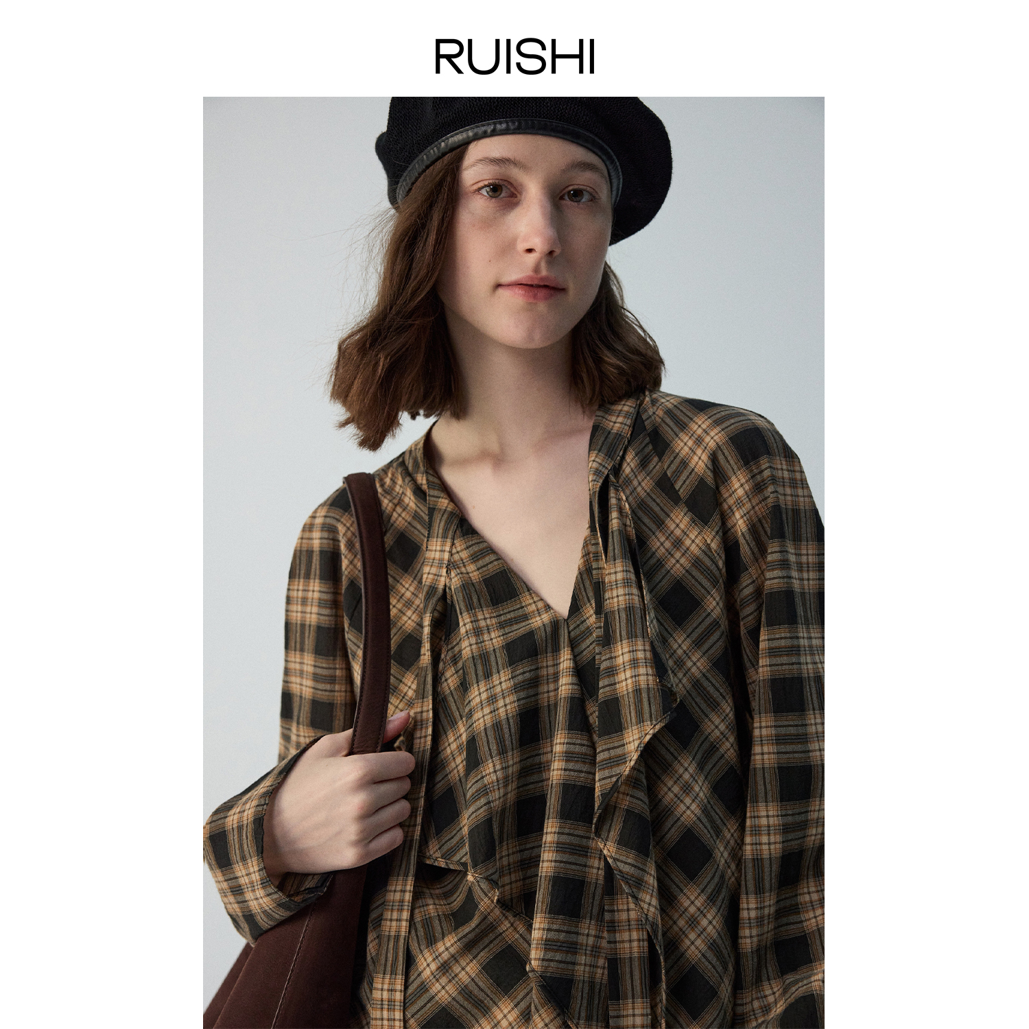 RUISHI芮时纸片人纯棉不对称系带宽松复古格子衬衫女秋R25C115803
