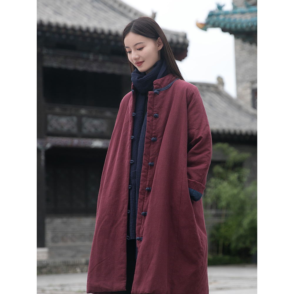 民族风撞色盘扣夹棉加厚棉衣外套大码女装中长款立领中式保暖棉袄