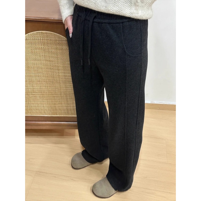 米杏色人字纹毛呢裤女秋冬加绒胖mm显瘦休闲裤梨型身材直筒阔腿裤