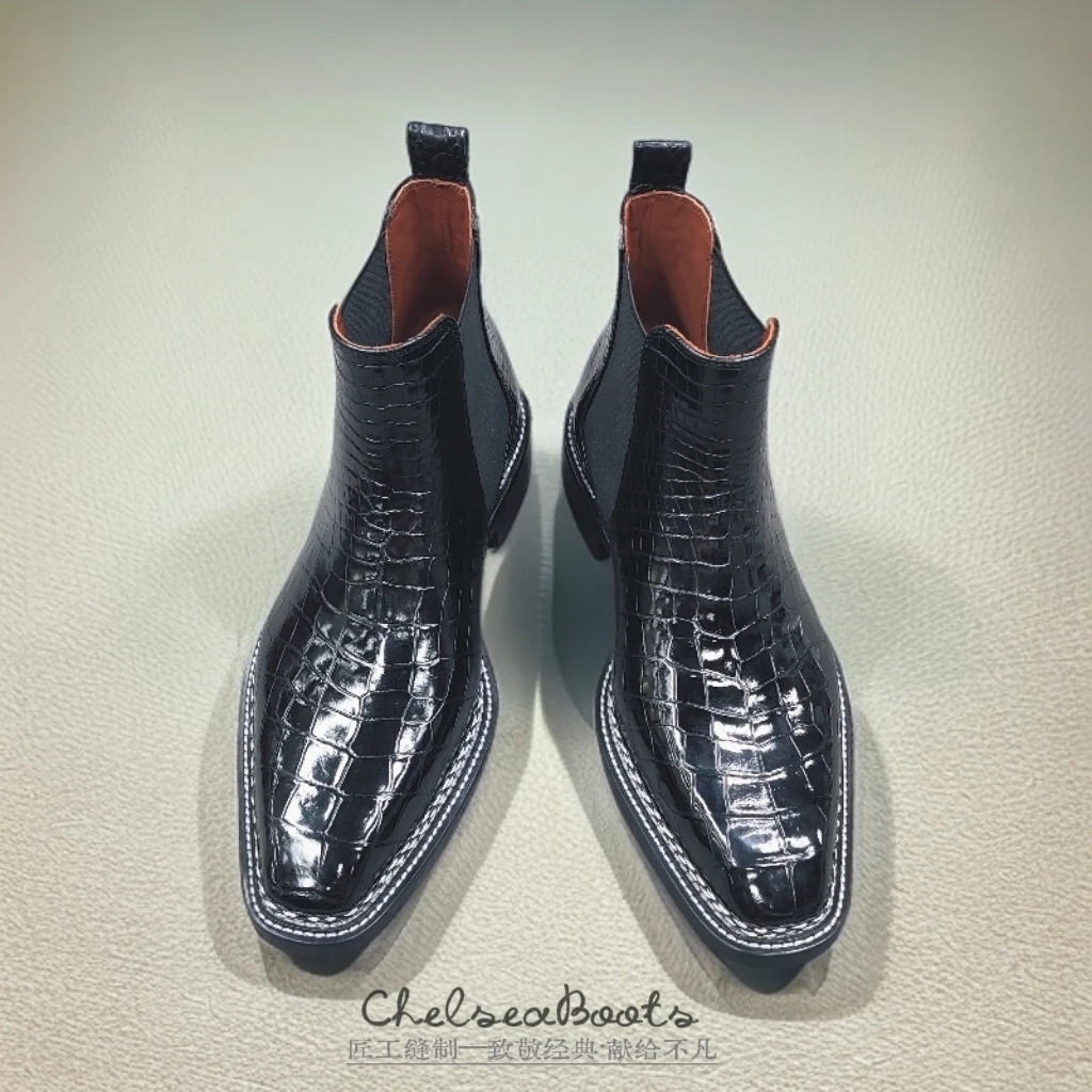 致敬经典Chelseaboots男士英伦风全鳄鱼皮一片式方头切尔西靴