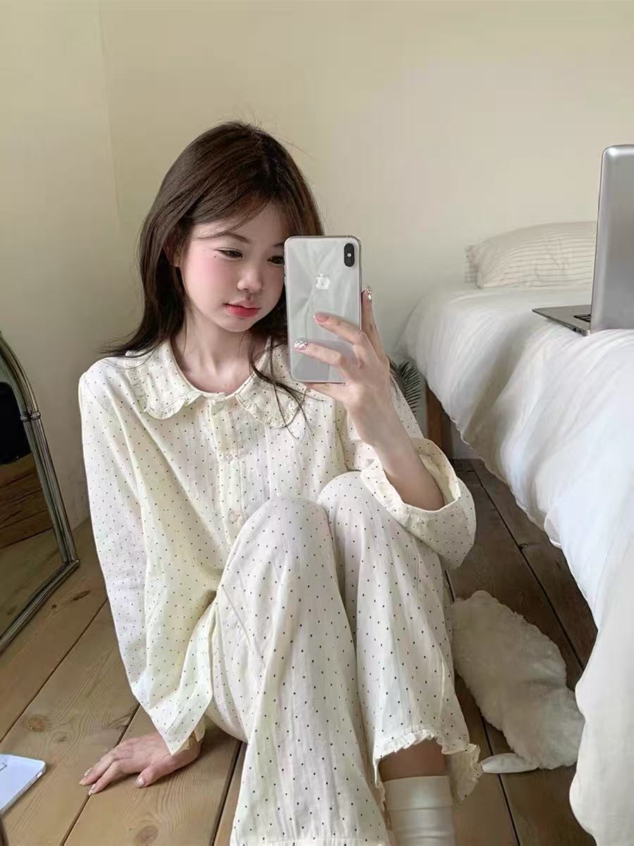 2406大码宽松睡衣女秋季娃娃领长袖长裤减龄甜美可外穿家居服套装