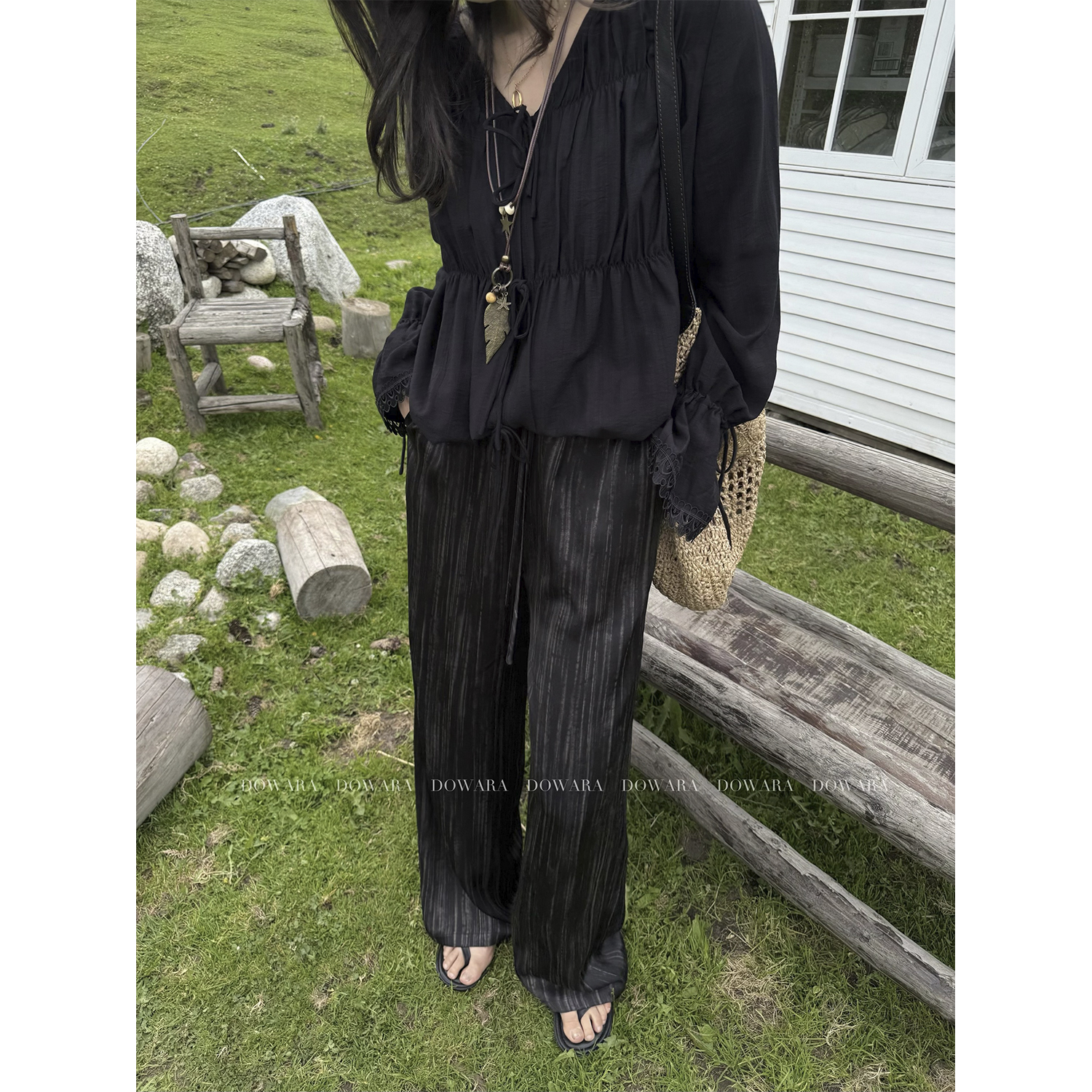 现货大婉酱微胖定制【舒美绸琉璃裤】韩系直筒裤条纹松紧裤子8821D