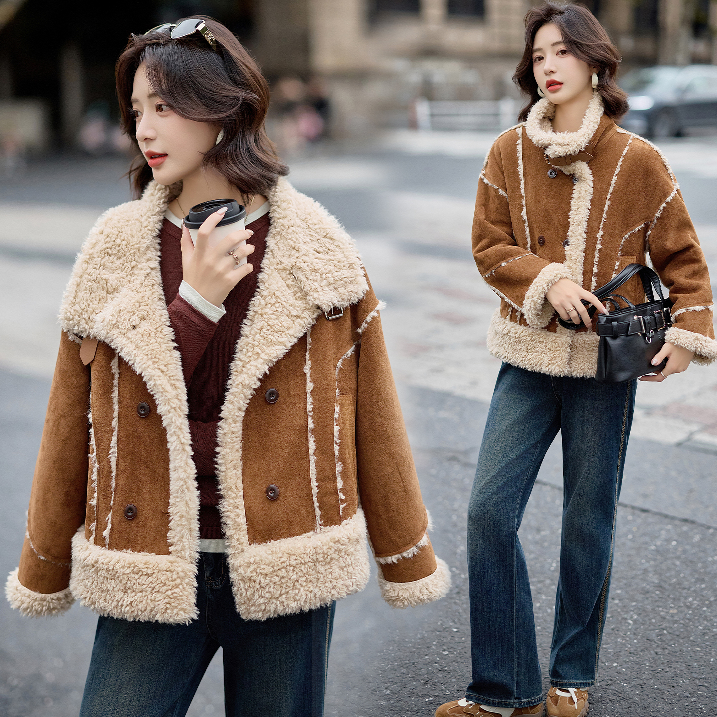 皮毛一体拼接羊羔毛外套女2025冬季新款加绒加厚宽松百搭短款上衣