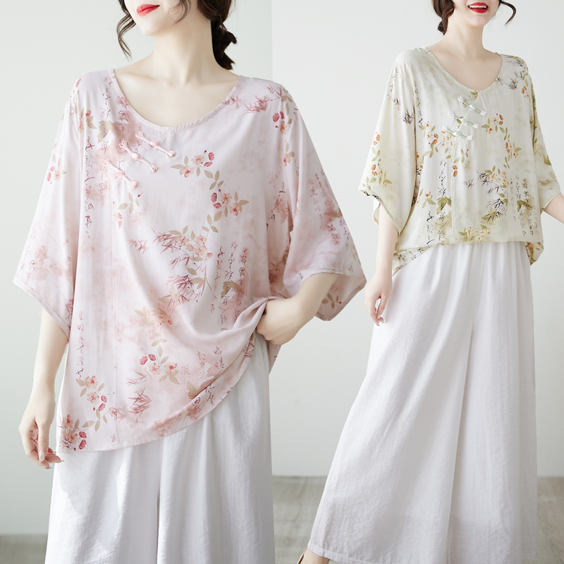 夏季印花民族风复古棉绸盘扣衬衫宽松茶服衬衫上衣休闲中国风