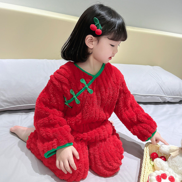 女童珊瑚绒睡衣秋冬季2025新款宝宝中国风加绒厚女孩家居服防着凉