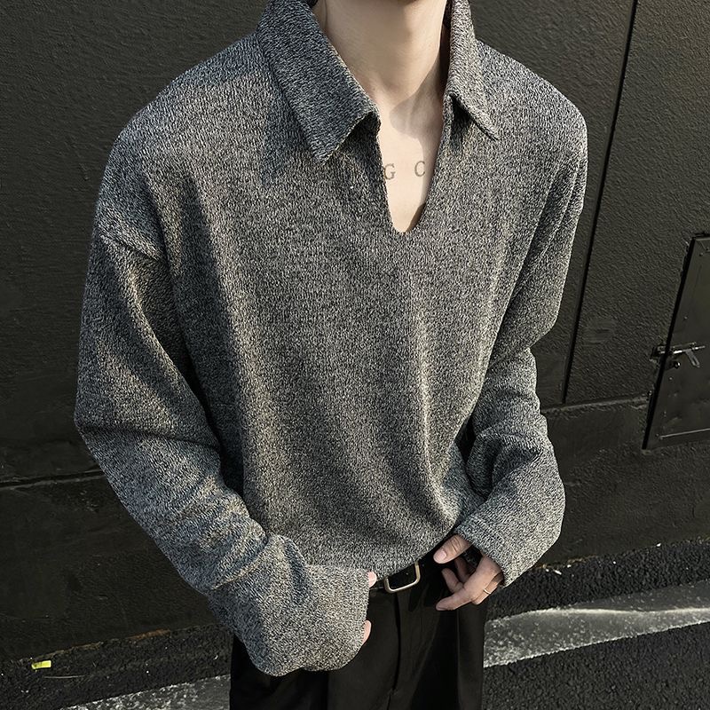美式V领polo衫卫衣长袖T恤男生2025春秋季款情侣潮牌高级入秋卫衣