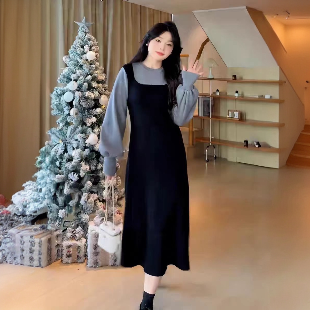 大码假两件圆领针织连衣裙女秋冬新款胖mm收腰遮肚显瘦打底长裙子