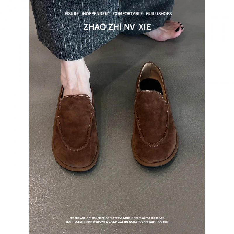 羊皮版！2025新款复古风圆头平底单鞋女款懒人一脚蹬乐福鞋小皮鞋